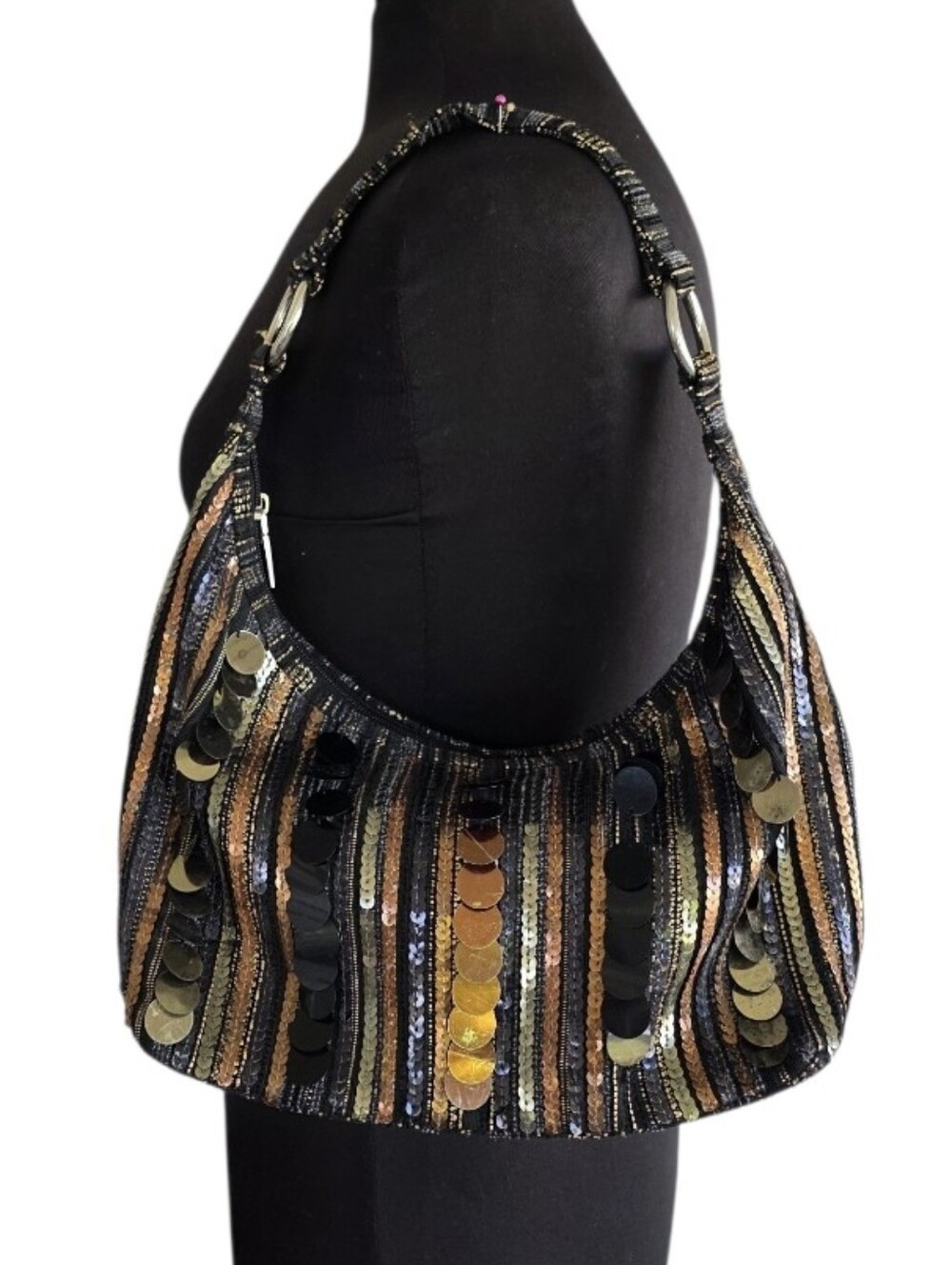 Vintage Sequin Shoulder Bag in Black, Gold, Bronze Boho Baddie Metallic Fabric